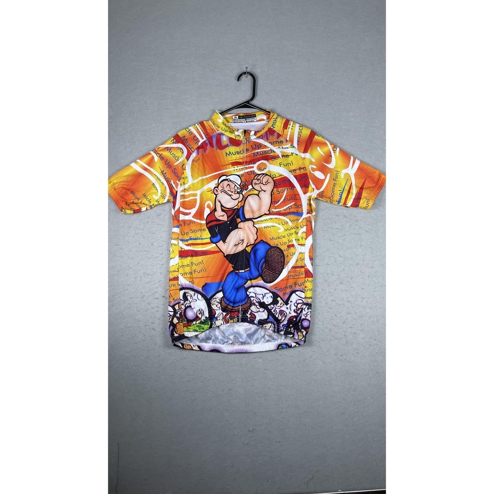 Popeye Cycling Jersey Mens XL Orange Multicolor Full Zip 3 Back‎ Pocket Graphic